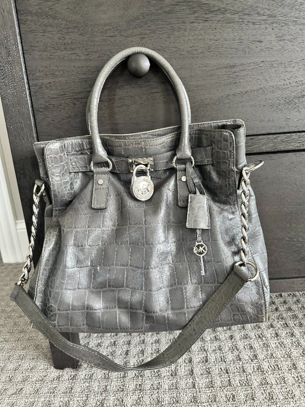 Michael Kors Hamilton Large Gray Croc Embossed Leather Tote Silver Padlock 2012